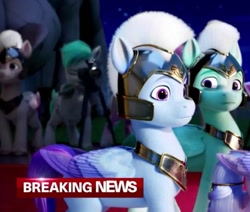 Size: 1278x1086 | Tagged: safe, screencap, queen haven, thunder flap, zoom zephyrwing, pegasus, pony, g5, my little pony: a new generation, spoiler:my little pony: a new generation, armor, breaking news, cropped, female, guardsmare, helmet, lit up, male, mare, pegasus royal guard, royal guard, shocked, shocked expression, solo focus, stallion