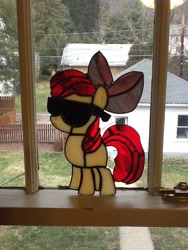Size: 720x960 | Tagged: safe, apple bloom, earth pony, pony, g4, female, filly, foal, photo, solo, stained glass (irl), sunglasses