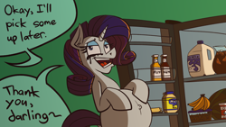 Size: 3840x2160 | Tagged: safe, artist:cowsrtasty, rarity, pony, unicorn, g4, belly, belly button, big belly, commission, dock, drama queen, food, high res, hooves on belly, joke, kitchen, marshmelodrama, mascara, open mouth, outie belly button, preggity, pregnant, punchline, rarity being rarity, refrigerator, running mascara, solo, speech bubble, tail