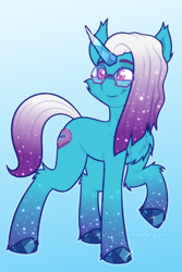 Size: 2000x3000 | Tagged: safe, artist:shad0w-galaxy, comet (g5), auroricorn, pony, g5, chest fluff, crystal horn, cute, disguise, ear fluff, ethereal mane, fluffy, glasses, gradient background, high res, hooves, horn, male, raised hoof, smiling, solo, stallion, starry mane, starry tail, tail, unshorn fetlocks