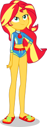 Size: 1504x4070 | Tagged: safe, artist:dustinwatsongkx, sunset shimmer, human, equestria girls, g4, 2d, apple, applejack's beach shorts swimsuit, beach shorts swimsuit, belly button, clothes, clothes swap, feet, female, food, geode of super strength, hand on hip, jewelry, legs, magical geodes, midriff, necklace, sandals, simple background, smiling, solo, swimsuit, swimsuit swap, transparent background