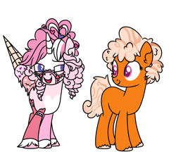 Size: 1100x950 | Tagged: safe, artist:fuckomcfuck, artist:your_announcer, oc, oc:orange dream, oc:sundae dream, earth pony, pony, unicorn, clothes, collaboration, food, ice cream, looking at each other, looking at someone, simple background, socks, unshorn fetlocks, white background