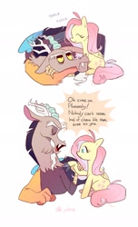 Size: 1243x2048 | Tagged: safe, artist:pelma, part of a set, discord, fluttershy, draconequus, pegasus, pony, g4, comic, crossed arms, duo, duo male and female, exclamation point, female, holding hoof, lord of chaos, male, petting, ship:discoshy, shipping, signature, simple background, snaggletooth, straight, tsundere, white background