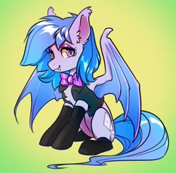 Size: 3052x2985 | Tagged: safe, artist:opalacorn, oc, oc only, oc:lucky roll, bat pony, pony, bat pony oc, bowtie, clothes, commission, female, gradient background, high res, looking at you, mare, smiling, smiling at you, socks, solo, vest