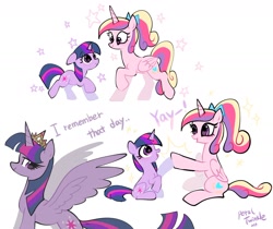 Size: 1440x1212 | Tagged: safe, artist:petaltwinkle, princess cadance, twilight sparkle, alicorn, pony, unicorn, g4, concave belly, eye clipping through hair, eyebrows, eyebrows visible through hair, eyelashes, female, filly, filly cadance, filly twilight sparkle, floppy ears, folded wings, heart, heart eyes, height difference, long tail, mare, new crown, signature, simple background, spread wings, starry eyes, sunshine sunshine, tail, teen princess cadance, twilight sparkle (alicorn), unicorn twilight, white background, wingding eyes, wings, younger