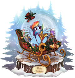 Size: 2486x2591 | Tagged: safe, artist:avrameow, rainbow dash, earth pony, pegasus, pony, g4, christmas, female, high res, holiday, hoof hold, mare, merry christmas, present, simple background, sleigh, snow globe, solo, spread wings, transparent background, wings