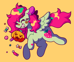 Size: 1472x1242 | Tagged: safe, artist:kenny, oc, oc only, pegasus, pony, bandaid, bandaid on nose, candy, commission, ear piercing, earring, female, food, hairclip, jewelry, mare, orange background, piercing, pumpkin bucket, simple background, solo, ych result