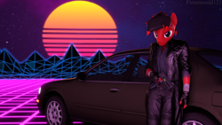 Size: 3840x2160 | Tagged: safe, artist:fireemerald123, oc, oc only, oc:page feather, anthro, 3d, car, clothes, gun, handgun, high res, jacket, leather, leather jacket, revolver, solo, source filmmaker, trenchcoat, vaporwave, voidpunk, watermark