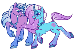 Size: 6000x4000 | Tagged: safe, artist:wtfponytime, comet (g5), violet frost, auroricorn, pony, g2, g5, duo, g5 to g2, generation leap, horn, horn jewelry, jewelry, looking at each other, looking at someone, necklace, prancing, smiling, sparkles, sparkly hooves, sparkly mane, sparkly tail, tail, unshorn fetlocks, walking