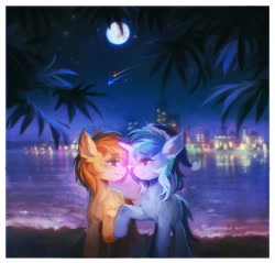 Size: 2048x1959 | Tagged: safe, artist:dearmary, oc, oc only, oc:avi, oc:parlay, earth pony, pony, unicorn, christmas, city, duo, ear fluff, female, freckles, full moon, glowing, glowing horn, hat, holding hooves, holiday, horn, lesbian, looking at each other, looking at someone, moon, night, oc x oc, santa hat, shipping, shooting star, stars