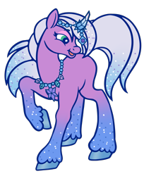 Size: 3263x4000 | Tagged: safe, artist:wtfponytime, violet frost, auroricorn, pony, g2, g5, g5 to g2, generation leap, horn, horn jewelry, jewelry, long legs, looking at someone, necklace, simple background, smiling, solo, sparkles, sparkly hooves, sparkly mane, sparkly tail, tail, tall, transparent background, unshorn fetlocks