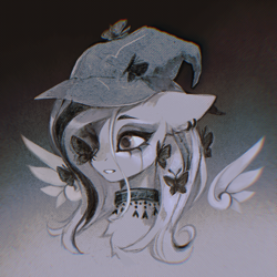 Size: 2000x2000 | Tagged: safe, artist:dearmary, fluttershy, butterfly, insect, pegasus, pony, g4, bust, butterfly on nose, choker, ear piercing, earring, ears back, emoshy, eyeshadow, female, floating wings, gradient background, grayscale, halftone, hat, high res, insect on nose, jewelry, makeup, mare, monochrome, piercing, running makeup, solo, spread wings, wings, witch hat