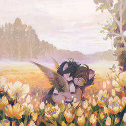 Size: 3000x3000 | Tagged: safe, artist:dearmary, oc, oc only, earth pony, pegasus, pony, duo, eyes closed, field, flower, high res, oc x oc, scenery, shipping, smiling