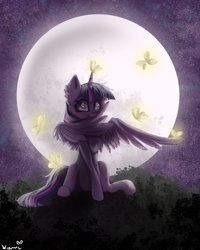 Size: 3334x4167 | Tagged: safe, artist:kamikami1234, twilight sparkle, alicorn, butterfly, pony, g4, chest fluff, ear fluff, female, full moon, grooming, mare, moon, night, preening, sitting, solo, sparkly eyes, twilight sparkle (alicorn), wingding eyes, wings