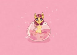 Size: 3572x2560 | Tagged: safe, artist:kamikami1234, sunny starscout, earth pony, pony, g5, blush sticker, blushing, colored hooves, drink, female, high res, looking at you, mane stripe sunny, mare, pink background, punch (drink), punch bowl, simple background, solo, sparkles, tiny, tiny ponies