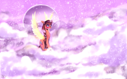 Size: 6667x4167 | Tagged: safe, artist:kamikami1234, sunny starscout, alicorn, pony, g5, absurd file size, absurd resolution, artificial horn, artificial wings, augmented, chest fluff, cloud, female, full moon, horn, magic, magic horn, magic wings, mare, moon, night, on a cloud, race swap, solo, stars, sunnycorn, wings