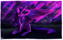 Size: 8334x5300 | Tagged: safe, artist:kamikami1234, twilight sparkle, alicorn, pony, g4, absurd file size, absurd resolution, binoculars, female, large wings, long tail, lying down, mare, night, prone, slender, solo, spread wings, stargazing, starry sky, stars, tail, thin, turned head, twilight sparkle (alicorn), wings