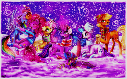 Size: 8500x5300 | Tagged: safe, artist:kamikami1234, applejack, fluttershy, pinkie pie, rainbow dash, rarity, spike, twilight sparkle, angel, dragon, earth pony, pegasus, pony, rabbit, unicorn, g4, animal, beanie, boots, christmas, clothes, female, hat, holiday, male, mane seven, mane six, mare, scarf, shoes, snow, snowfall, striped scarf, toy, unicorn twilight
