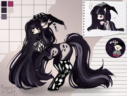 Size: 4000x3000 | Tagged: safe, artist:sweettsa1t, oc, oc only, oc:toma, earth pony, pony, adoptable, black lipstick, bowtie, clothes, color palette, ear fluff, ear tufts, earth pony oc, female, goth, hat, jester hat, lipstick, long mane, long tail, mare, mismatched socks, neck bow, paperclip, purple eyes, rearing, reference sheet, socks, solo, standing, stockings, striped socks, tail, thigh highs