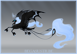 Size: 1280x906 | Tagged: safe, artist:begasus, oc, oc only, oc:mothary, alicorn, original species, pony, alicorn oc, bird tail, concave belly, curved horn, ethereal mane, ethereal tail, female, horn, large wings, leonine tail, long horn, mare, peytral, solo, tail, thin legs, unshorn fetlocks, wings