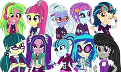 Size: 588x349 | Tagged: safe, artist:godzillafankm14, aria blaze, dj pon-3, indigo zap, juniper montage, lemon zest, octavia melody, sonata dusk, sour sweet, sugarcoat, sunny flare, vinyl scratch, human, equestria girls, g4, my little pony equestria girls: friendship games, my little pony equestria girls: rainbow rocks, clothes, crystal prep academy uniform, female, school uniform, shadow five, simple background, transparent background