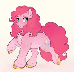 Size: 1927x1870 | Tagged: safe, artist:mayka-7, pinkie pie, earth pony, pony, g4, chest fluff, coat markings, colored hooves, cute, diapinkes, ear fluff, female, grin, looking at you, mare, pale belly, raised hoof, simple background, smiling, socks (coat markings), unshorn fetlocks, walking