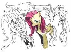 Size: 2048x1536 | Tagged: safe, artist:spectralunicorn, discord, fluttershy, oc, draconequus, earth pony, pegasus, pony, g4, female, forked tongue, furry, furry oc, male, mare, non-pony oc, simple background, sketch, sketch dump, tongue out, white background