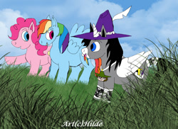 Size: 1142x832 | Tagged: safe, artist:the-unicorn-artist, pinkie pie, rainbow dash, oc, oc:illiam, alicorn, earth pony, pegasus, pony, g4, alicorn oc, female, hat, horn, wings