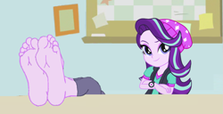 Size: 1311x671 | Tagged: safe, artist:yungstuff, starlight glimmer, human, equestria girls, g4, barefoot, clothes, feet, feet on table, feet up, female, fetish, foot fetish, foot focus, looking at you, soles, toes