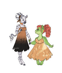 Size: 2200x2600 | Tagged: safe, artist:lesghostie, tree hugger, zecora, earth pony, zebra, anthro, unguligrade anthro, g4, afro mane, breasts, cleavage, clothes, dreadlocks, dress, duo, duo female, ear piercing, earring, eyes closed, female, height difference, high res, jewelry, lesbian, mare, nose piercing, nose ring, piercing, shipping, shortstack, simple background, smiling, transparent background, treecora