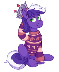 Size: 1274x1558 | Tagged: safe, artist:skysorbett, oc, oc only, oc:proudy hooves, earth pony, pony, 2024 community collab, derpibooru community collaboration, clothes, crown, cute, earth pony oc, green eyes, jewelry, male, regalia, simple background, sitting, smiling, solo, stallion, sweater, tail, transparent background, two toned mane, two toned tail