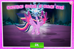 Size: 1961x1300 | Tagged: safe, gameloft, twilight sparkle, alicorn, pony, g4, my little pony: magic princess, official, coming soon, english, horn, mobile game, rainbow power, rainbow power-ified, spread wings, text, twilight sparkle (alicorn), wings