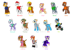 Size: 1061x753 | Tagged: safe, artist:calinaponycartoonsda, pony, al (paw patrol), chase (paw patrol), coral (paw patrol), crossover, ella (paw patrol), everest (paw patrol), liberty (paw patrol), marshall (paw patrol), paw patrol, ponified, rex (paw patrol), rocky (paw patrol), rubble (paw patrol), simple background, skye (paw patrol), tracker (paw patrol), transparent background, tuck (paw patrol), zuma (paw patrol)