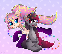 Size: 4398x3826 | Tagged: safe, artist:madelinne, oc, oc only, oc:bijou butterfly, oc:madelinne, earth pony, pony, christmas, christmas lights, clothes, duo, earth pony oc, happy, holiday, jewelry, necklace, sitting, socks