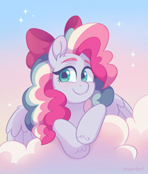 Size: 1744x2051 | Tagged: safe, artist:skysorbett, oc, oc only, oc:sky sorbet, pegasus, pony, bow, cloud, curly hair, curly mane, cute, eyebrows, female, hair bow, looking at you, mare, multicolored hair, multicolored mane, on a cloud, pegasus oc, sky, smiling, smiling at you, solo, sparkles, wings