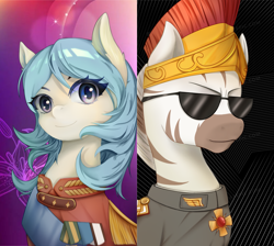 Size: 4241x3808 | Tagged: safe, artist:jijizi, oc, oc:alesia snezhnaya, oc:zalathel zarca, pony, zebra, equestria at war mod, bust, clothes, female, hat, male, portrait, sunglasses, uniform