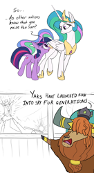 Size: 1800x3300 | Tagged: safe, artist:rocket-lawnchair, prince rutherford, princess celestia, twilight sparkle, alicorn, pony, unicorn, yak, g4, 2 panel comic, cloven hooves, comic, concave belly, crown, dialogue, eyebrows, female, folded wings, frown, hair covering face, height difference, high res, hoof shoes, horn, jewelry, long horn, long mane, looking at each other, looking at someone, mare, open mouth, peytral, physique difference, pointing, princess shoes, regalia, simple background, slender, tall, thin, unicorn twilight, walking, white background, wings