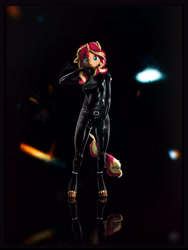 Size: 6000x8000 | Tagged: safe, artist:imafutureguitarhero, sunset shimmer, classical unicorn, unicorn, anthro, unguligrade anthro, g4, 3d, absurd resolution, adorasexy, belt, black background, border, cheek fluff, chromatic aberration, clothes, cloven hooves, colored eyebrows, colored eyelashes, cute, ear fluff, ear freckles, female, film grain, floppy ears, fluffy, freckles, fur, hand on leg, hoof boots, horn, latex, latex clothes, latex pants, latex suit, lens flare, leonine tail, long hair, long mane, looking at you, mare, multicolored hair, multicolored mane, multicolored tail, neck fluff, nose wrinkle, one ear down, paintover, peppered bacon, reflection, revamped anthros, revamped ponies, sexy, shiny, signature, simple background, skintight clothes, smiling, smiling at you, solo, source filmmaker, tail, unshorn fetlocks, wall of tags