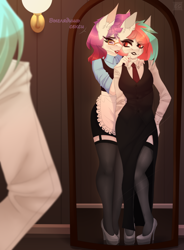 Size: 2388x3240 | Tagged: safe, artist:elektra-gertly, oc, oc only, oc:ellie berryheart, pegasus, anthro, apron, black eyeshadow, bra, clothes, dress, duo, duo female, ear fluff, erotica, eyeshadow, female, fetish, glasses, green eyes, heels on a horse, high heels, high res, housewife, lipstick, long ears, makeup, mascara, mirror, necktie, office lady, red eyes, room, sexy, shoes, underwear
