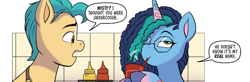 Size: 592x195 | Tagged: safe, artist:abby bulmer, official comic, hitch trailblazer, misty brightdawn, earth pony, pony, unicorn, g5, idw, official, spoiler:comic, spoiler:g5comic, spoiler:g5comic19, female, happy, mare, open mouth, smiling