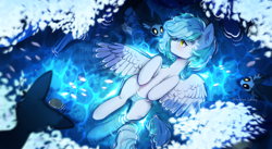 Size: 5000x2731 | Tagged: safe, artist:tyutya, oc, oc only, oc:siriusnavigator, pegasus, pony, female, high res, lying down, mare, moki, on back, partially submerged, pegasus oc, rule 63, solo, spread wings, water, wings
