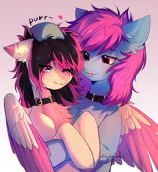 Size: 3640x3963 | Tagged: safe, artist:tyutya, oc, oc only, oc:lunylin, oc:nohra, earth pony, pegasus, pony, chest fluff, collar, colored belly, colored wings, couple, cute, ear fluff, earth pony oc, high res, hug, patting, pegasus oc, reverse countershading, smiling, text, wings