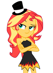 Size: 2616x3623 | Tagged: safe, artist:paco777yuyu, sunset shimmer, equestria girls, g4, bare shoulders, clothes, costume, female, fire, goddess, hat, high res, simple background, sleeveless, solo, strapless, sunset, transparent background