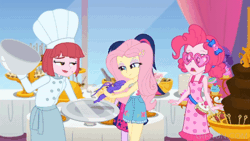Size: 520x293 | Tagged: safe, screencap, fluttershy, pinkie pie, puffed pastry, sci-twi, twilight sparkle, lobster, equestria girls, g4, i'm on a yacht, my little pony equestria girls: better together, animated, chef's hat, chocolate fountain, cute, female, fluttershy being fluttershy, food, hat, shyabetes