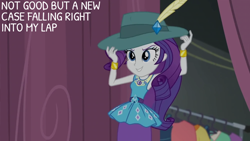Size: 2000x1125 | Tagged: safe, edit, edited screencap, editor:quoterific, screencap, rarity, equestria girls, g4, my little pony equestria girls: better together, rarity investigates: the case of the bedazzled boot, detective rarity, hat, solo