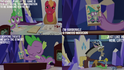 Size: 2000x1125 | Tagged: safe, edit, edited screencap, editor:quoterific, screencap, big macintosh, discord, spike, draconequus, dragon, earth pony, pony, dungeons and discords, g4, big macintosh's yoke, cutie map, dice, dungeons and dragons, fluttershy's cutie mark, garbuncle, horse collar, male, ogres and oubliettes, rarity's cutie mark, snark, stallion, trio, trio male, twilight's castle