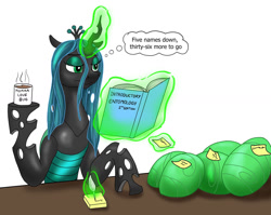 Size: 1280x1017 | Tagged: safe, artist:termyotter, queen chrysalis, changeling, changeling queen, g4, book, coffee, egg, female, frown, hoof hold, levitation, lidded eyes, magic, mommy chrissy, mug, quill, simple background, solo, sticky note, telekinesis, unamused, white background, writing
