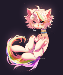 Size: 2534x3024 | Tagged: safe, artist:tyutya, oc, oc only, earth pony, pony, :p, bandaid, chest fluff, collar, ear fluff, eye clipping through hair, high res, leg fluff, male, patch, solo, sticker, tongue out