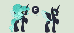 Size: 3616x1640 | Tagged: safe, artist:roseloverofpastels, oc, oc only, oc:ulyssa, changepony, hybrid, concave belly, female, green background, interspecies offspring, magical lesbian spawn, offspring, parent:princess luna, parent:queen chrysalis, parents:chrysaluna, simple background, slender, solo, thin