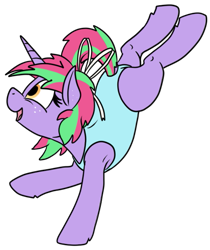 Size: 521x619 | Tagged: safe, artist:thebathwaterhero, oc, oc only, oc:susie supreme, pony, unicorn, clothes, female, filly, foal, gymnast, horn, leotard, simple background, solo, transparent background, unicorn oc